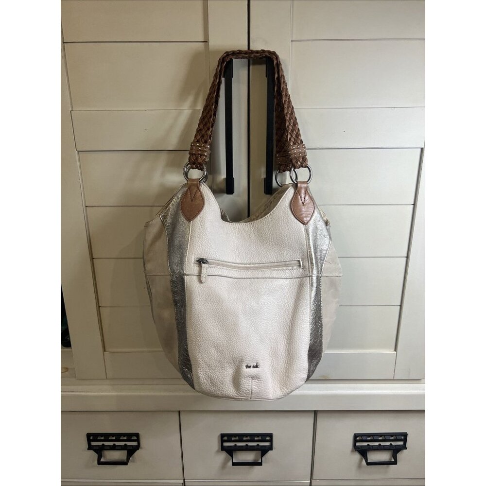 The Sak Handbag Women Taupe Pebble Silver Brown White Leather Shoulder Bag